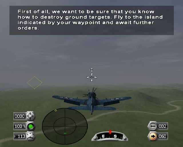 Dogfight: Battle for the Pacific (PlayStation 2) screenshot: The game communicates with the player with message boxes<br>Targets have a red 'x' on the radar screen and by red boxes in the air and on the ground