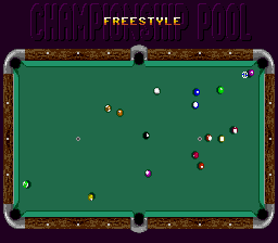 Championship Pool (Genesis) screenshot: Setting up a shot at the ball near the pocket.