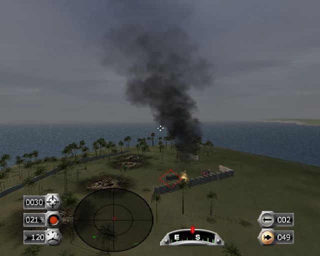 Dogfight: Battle for the Pacific (PlayStation 2) screenshot: This screen shot shows one of the alternate pilot views and bomb damage