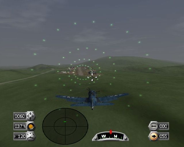 Dogfight: Battle for the Pacific (PlayStation 2) screenshot: To land the plane the pilot must approach the runway at minimum speed. That triggers these cones to guide him in. Landing gear deploys automatically