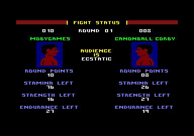 Star Rank Boxing (Amstrad CPC) screenshot: The results after one round.