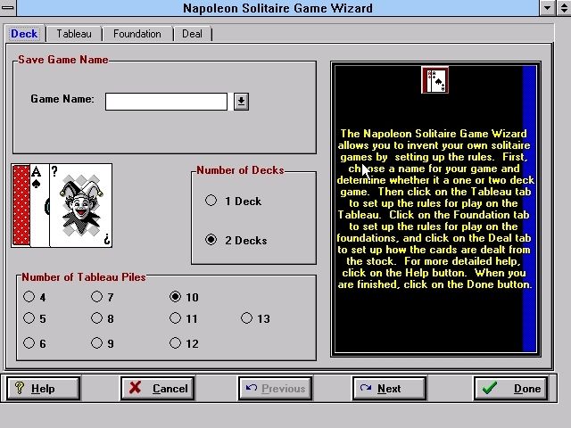 Napoleon Solitaire (Windows 3.x) screenshot: The package includes a Game Wizard whereby custom games can be created