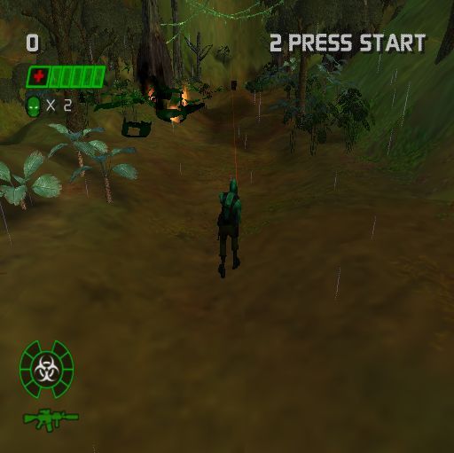 Army Men: Green Rogue (PlayStation 2) screenshot: The start of the game. The soldier marches relentlessly onwards, as he does so one of his creators talks to him explaining that he has been shot down.