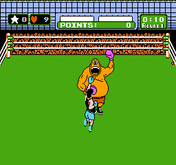 Mike Tyson's Punch-Out!! (NES) screenshot: Punch King Hippo in his mouth when he opens it, because that is his only weakness.