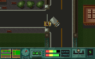Last Action Hero (DOS) screenshot: Drive yourself into an armored car driven by bank robbers.