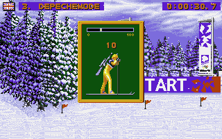 Winter Olympics: Lillehammer '94 (DOS) screenshot: The first part is the skiing one where you must ski at a steady pace.