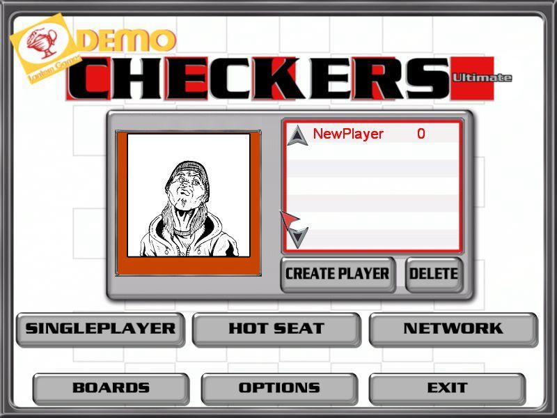 Checkers Ultimate (Windows) screenshot: The main menu<br>This is from a downloadable five game demo version that has some functions disabled