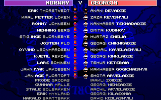 Sensible World of Soccer (DOS) screenshot: Norway vs Georgia - teams