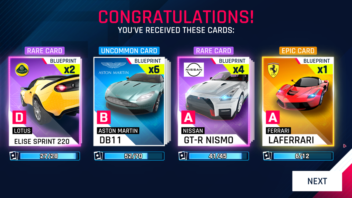 Asphalt 9: Legends (Windows Apps) screenshot: Received the following cards.