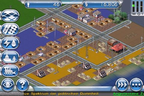 SimCity (iPhone) screenshot: My new city already has 46 inhabitants!