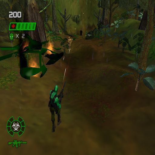 Army Men: Green Rogue (PlayStation 2) screenshot: Very soon some tan baddies appear<br>The laser sight on the rifle is very useful for long range combat