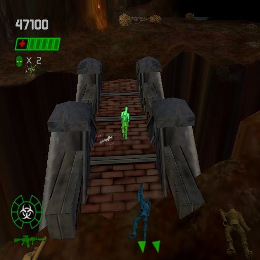 Army Men: Green Rogue (PlayStation 2) screenshot: In the underground lair. Rogue has just been killed, one of his lives has been used up and he restarts in this bright green invulnerable mode
