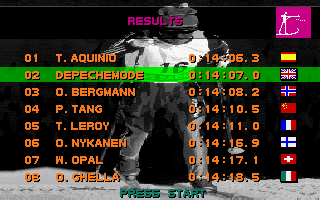 Winter Olympics: Lillehammer '94 (DOS) screenshot: The standings for the biathlon qualifiers.