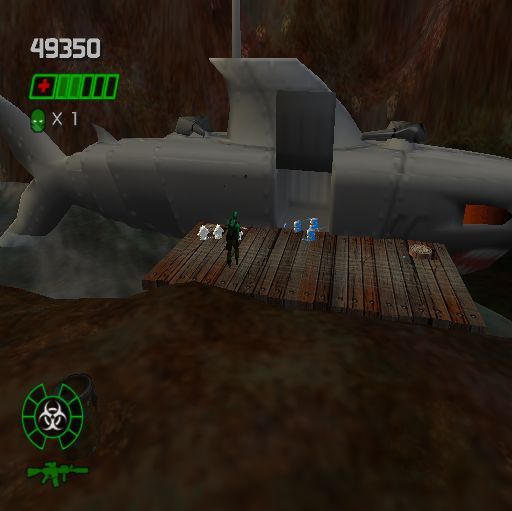 Army Men: Green Rogue (PlayStation 2) screenshot: This is the boss at the end of the second level. The doors open and individual soldiers appear, many blue hard to kill ones. While shooting at them the Rogue is vulnerable to the gun turrets