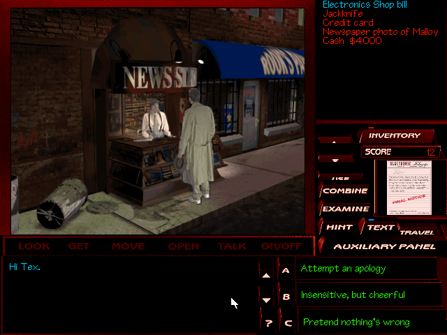 The Pandora Directive (DOS) screenshot: Talking to Chelsee at a newstand.