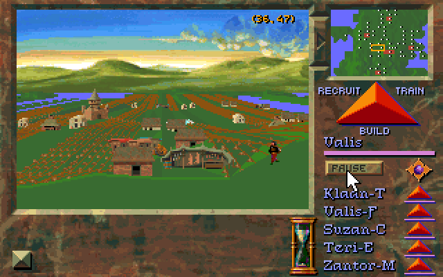 Stronghold (DOS) screenshot: Golden sea of grain. Expand your initial lands to the horizon, maintaining a good balance of housing, food, and profitable businesses.