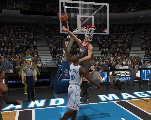 NBA 2K3 (PlayStation 2) screenshot: This shot comes from a slow motion action replay