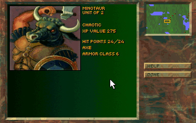 Stronghold (DOS) screenshot: A Taurus who enjoy mass destruction. D&D stats are kept for each monster you encounter.