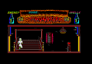 The Munsters (Amstrad CPC) screenshot: I have gone down the main staircase.