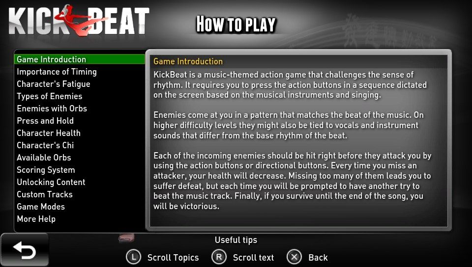 Kick Beat (PS Vita) screenshot: Gameplay tips (Trial version)