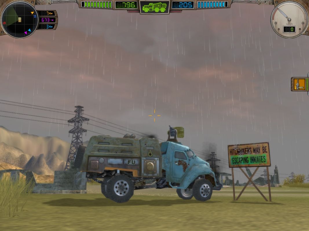 Hard Truck: Apocalypse (Windows) screenshot: Interesting sign! (Note: The 'FU' on my truck means 'Farmer's Union,' if you were wondering)