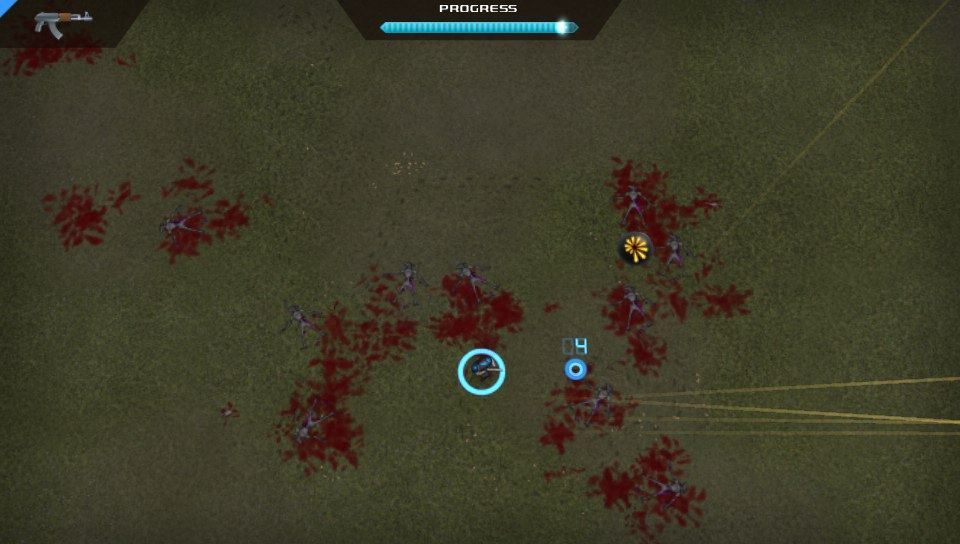 Crimsonland (PS Vita) screenshot: Machine gun is weaker than a pistol, but its rapid fire can help you deal with multiple foes at once (Trial version)
