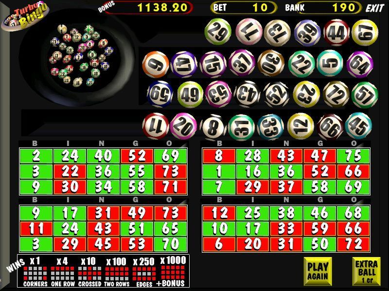 Card & Board Games 3 (Windows) screenshot: Turbo Bingo: The player places their bet, clicks play then all the balls arrive at once. Alternate boards are available, the player just clicks on one to change it.