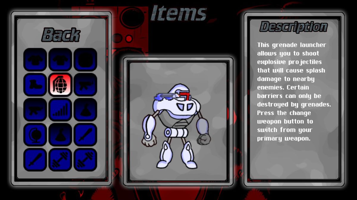 Robot Exploration Squad (Windows) screenshot: Here we can see all items and its descriptions (my robot suit is fully upgraded).