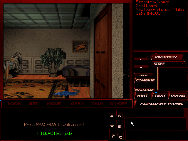 The Pandora Directive (DOS) screenshot: Starting the game in Tex's bedroom.