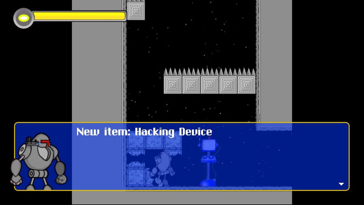 Robot Exploration Squad (Windows) screenshot: The first upgrade is found: a hacking device to access the station's computers.