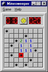 Minesweeper (Windows) screenshot: Oh, no! Dead....