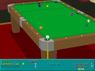 Virtual Pool (DOS) screenshot: The camera moves in all sorts of directions to follow the action and to help you aim.
