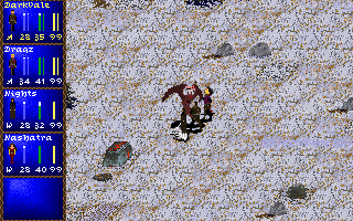 Darklands (DOS) screenshot: Combat - getting rid of a demon at a hamlet practising satanic worship.