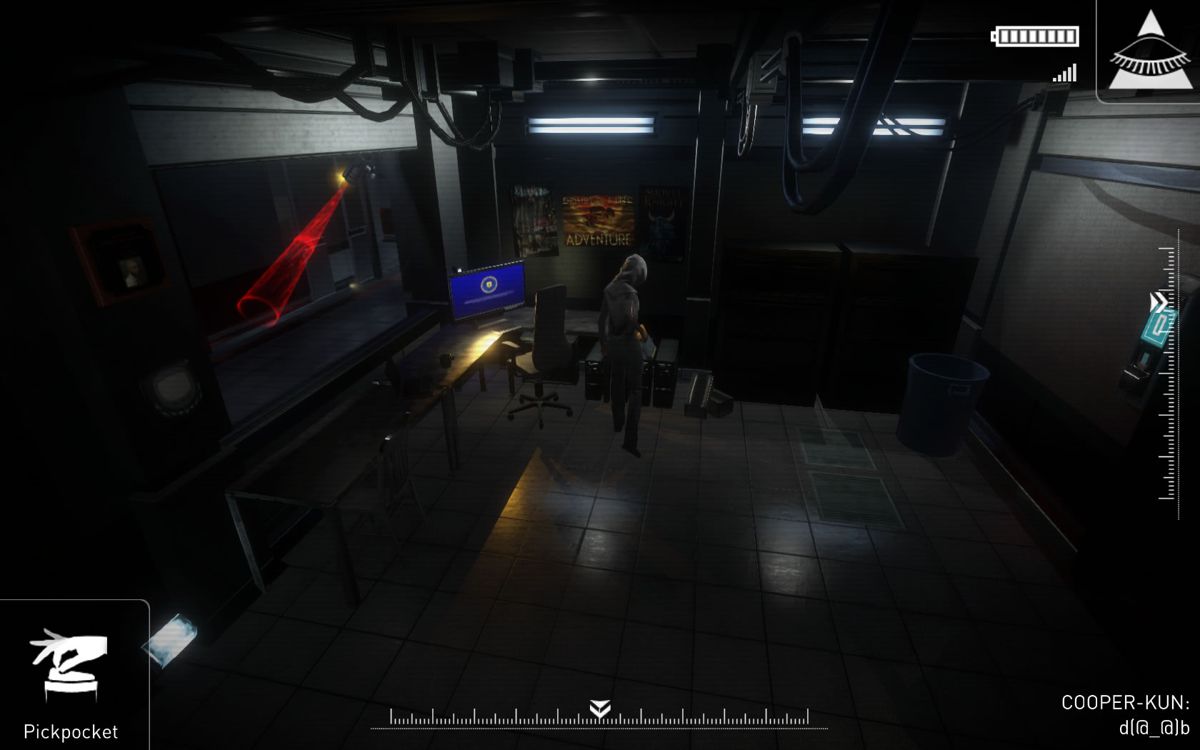 République (Windows) screenshot: Episode 5: to the left you can see the red beam hostile cameras use. Here Hope is degaussing a computer.