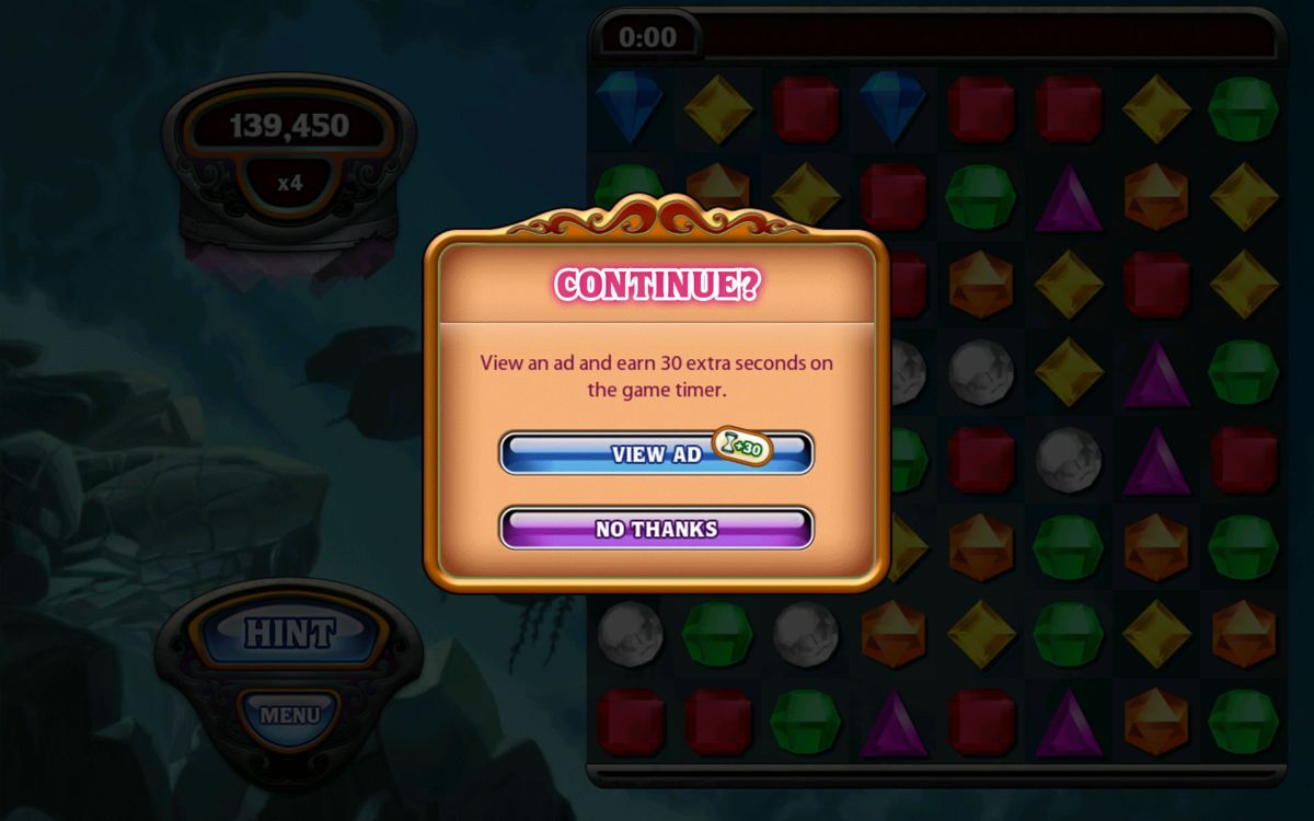 Bejeweled: Classic (Android) screenshot: Options when the game is over.