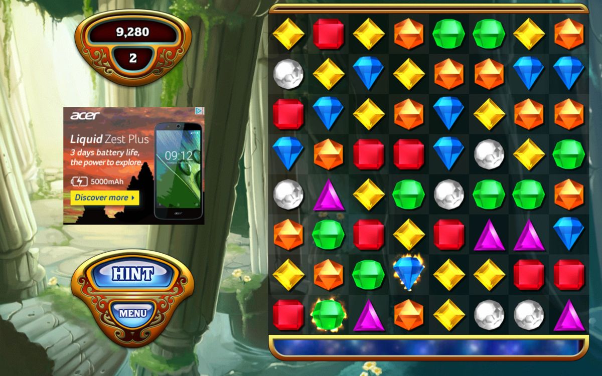Bejeweled: Classic (Android) screenshot: Sometimes advertisements appear on the left side.