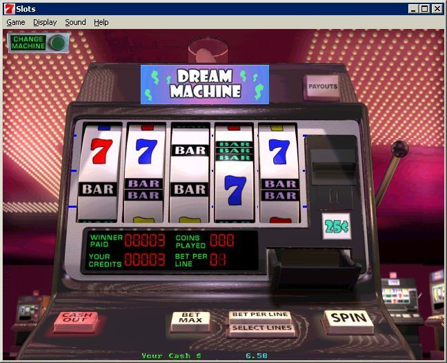 Slots 100 (Windows) screenshot: This is "5 reel Dream Machine 2", a 25 cent machine that's just like "5 Reel Dream Machine 4" in the preceding screenshot<br> The player can select 1,2, or 3 paylines