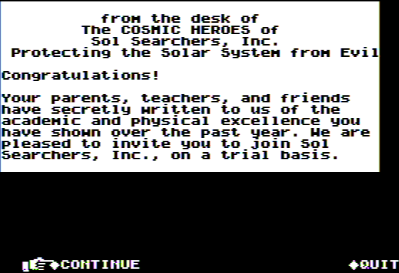 Microzine #25 (Apple II) screenshot: Cosmic Heroes - I've Been Accepted to the Sol Searchers