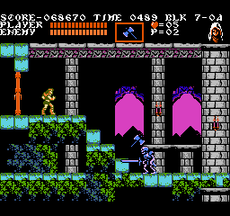 Castlevania III: Dracula's Curse (NES) screenshot: Throwing an axe in the head of a sword-wielding skeleton.