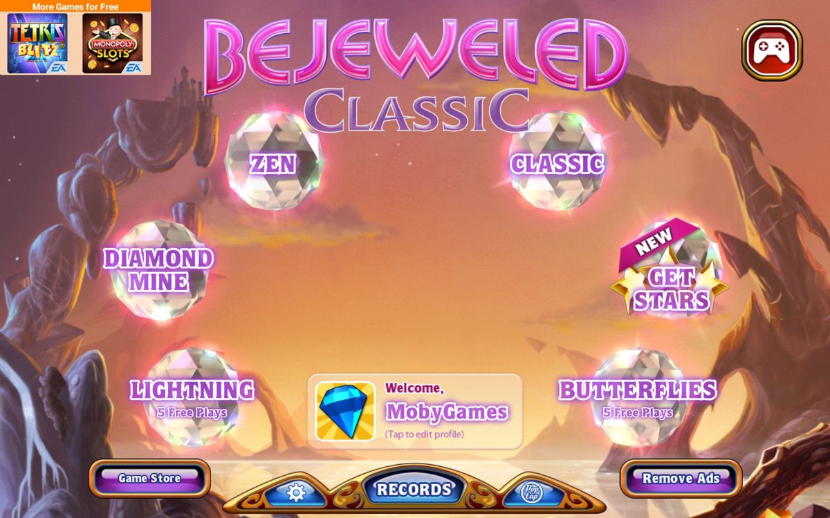 Bejeweled: Classic (Android) screenshot: Main menu
