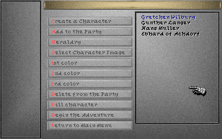 Darklands (DOS) screenshot: Starting a new world - main options
