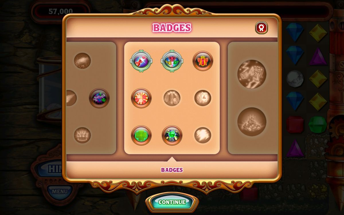Bejeweled: Classic (Android) screenshot: Overview of the badges collected so far