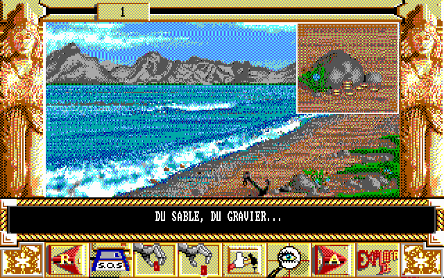 Chrono Quest II (DOS) screenshot: First location - the beach (EGA)