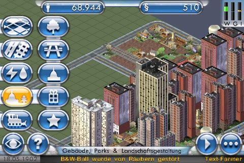 SimCity (iPhone) screenshot: The camera-view can't be switched so you won't be able to see my trainstation behind those high buildings.