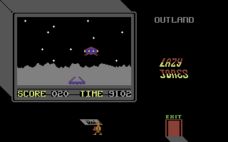 Lazy Jones (Commodore 64) screenshot: Shooting UFOs.