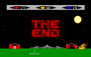 Airlift Rescue (DOS) screenshot: Three big weenie roasts with your chopper and it's Game Over (but at least you got a couple of hamburgers)