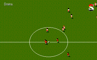 Sensible World of Soccer (DOS) screenshot: Teams on football field