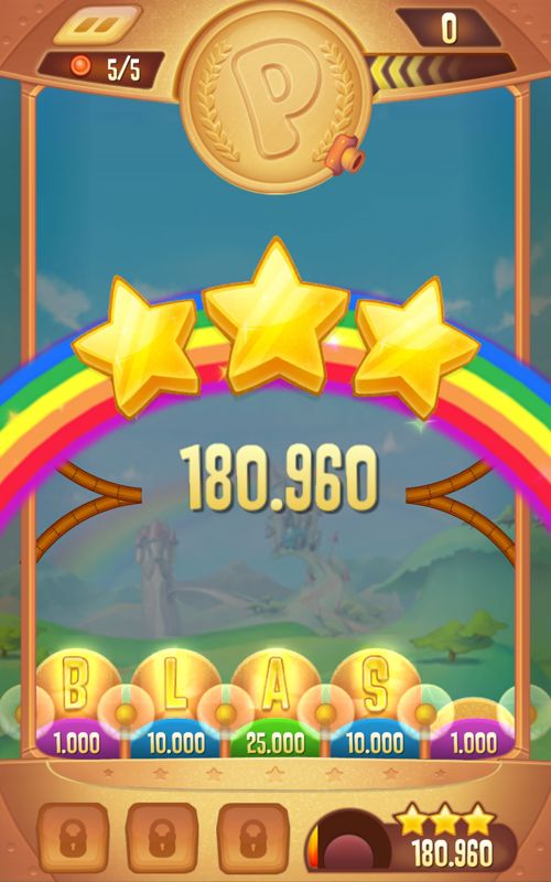 Peggle: Blast (Android) screenshot: Score after completing a level, with three stars