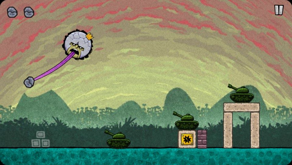 King Oddball (PS Vita) screenshot: Three rocks to destroy three tanks, but it can be done with one (Trial version)