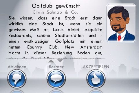SimCity (iPhone) screenshot: Erwin Sahnab & Co. proposes to build a golf club.